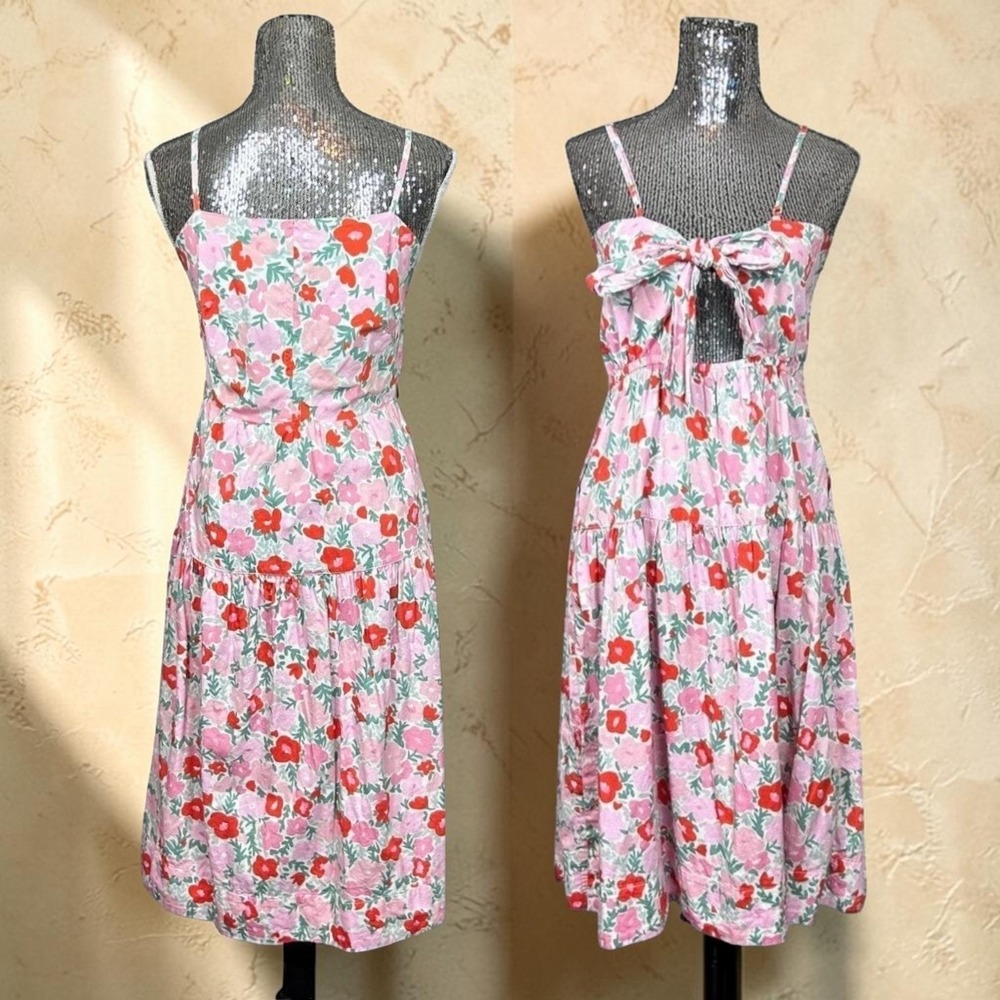 Cottagecore Floral Midi Dress Spaghetti Strap Back Tie Cotton Romantic Medium